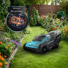 Terrenator E3 Liberty Z Plus Cortacésped motor sin escobillas Brushless. Funciona con 2 baterías 21V 4Ah. Cambio de altura sistema Z-Tech. Ancho de 38cm. 3in1 con mulching. Ruedas traseras XL.