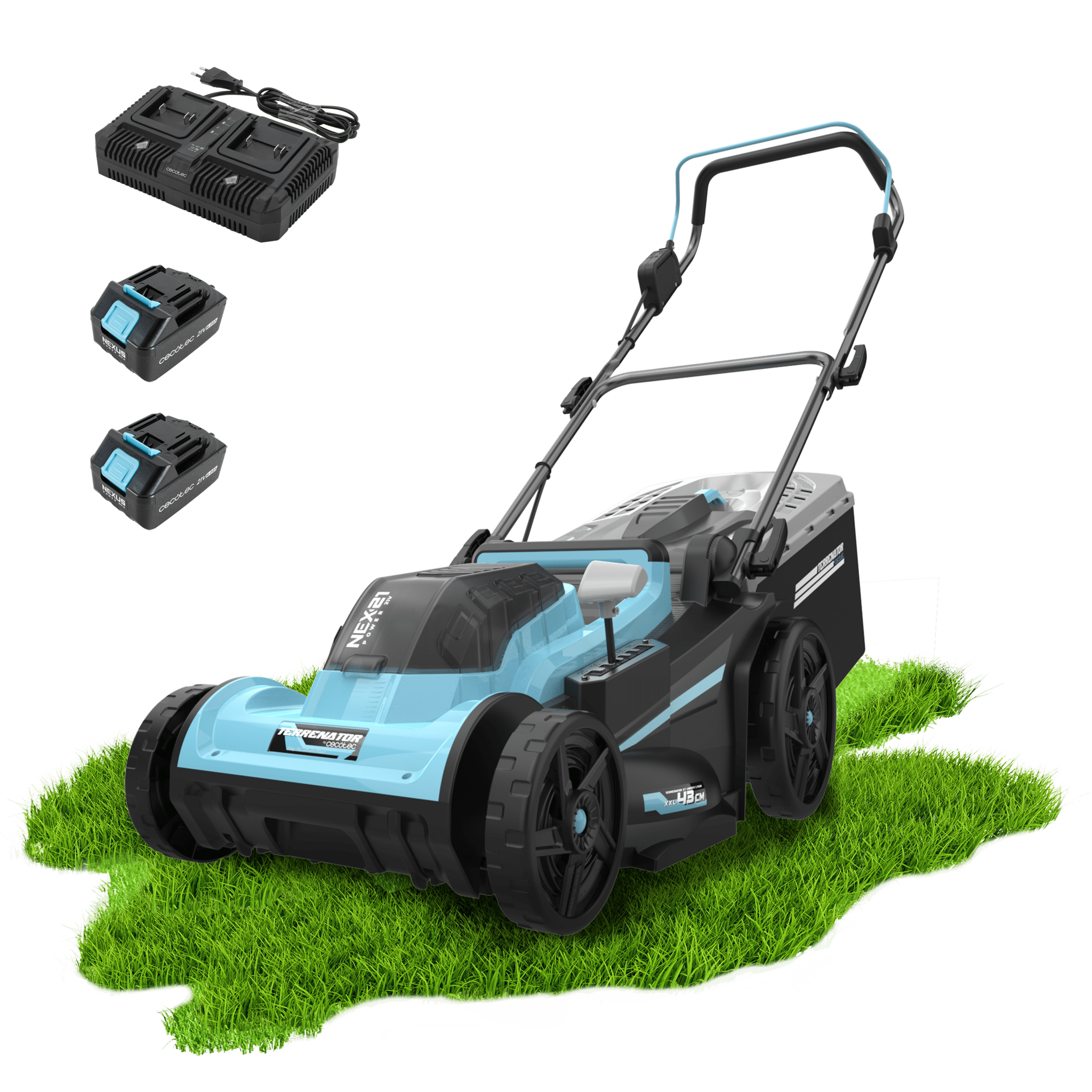 Terrenator E7 Liberty Z Plus Cortacésped motor sin escobillas Brushless. Funciona con 2 baterías 21V 4Ah. Cambio de altura sistema Z-Tech. Ancho de 43cm. 3in1 con mulching. Ruedas traseras XL.