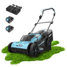 Terrenator E7 Liberty Z Plus Cortacésped motor sin escobillas Brushless. Funciona con 2 baterías 21V 4Ah. Cambio de altura sistema Z-Tech. Ancho de 43cm. 3in1 con mulching. Ruedas traseras XL.