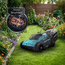 Terrenator E7 Liberty Z Plus Cortacésped motor sin escobillas Brushless. Funciona con 2 baterías 21V 4Ah. Cambio de altura sistema Z-Tech. Ancho de 43cm. 3in1 con mulching. Ruedas traseras XL.