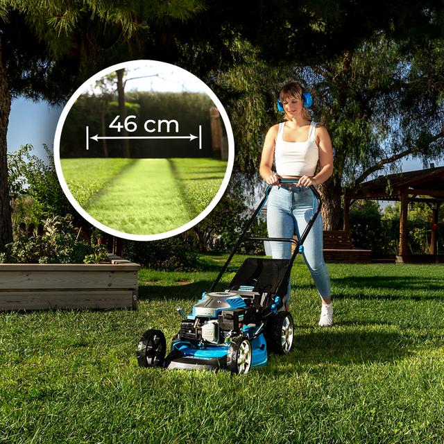Terrenator 3200.46 Total Z Tosaerba a benzina da 144cc. Corpo in acciaio 46 cm. Cambio di altezza sistema Z-Tech. 4in1 con mulching. Ruote posteriori XL