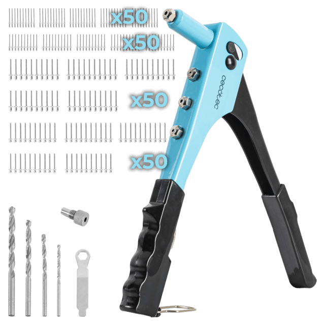 FixerForce Rivettatrice manuale. Compresi 4 ugelli di diverse dimensioni e punte per trapano. 400 rivetti inlusi.