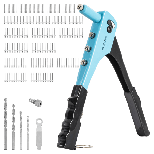 FixerForce Rivettatrice manuale. Compresi 4 ugelli di diverse dimensioni e punte per trapano. 400 rivetti inlusi.