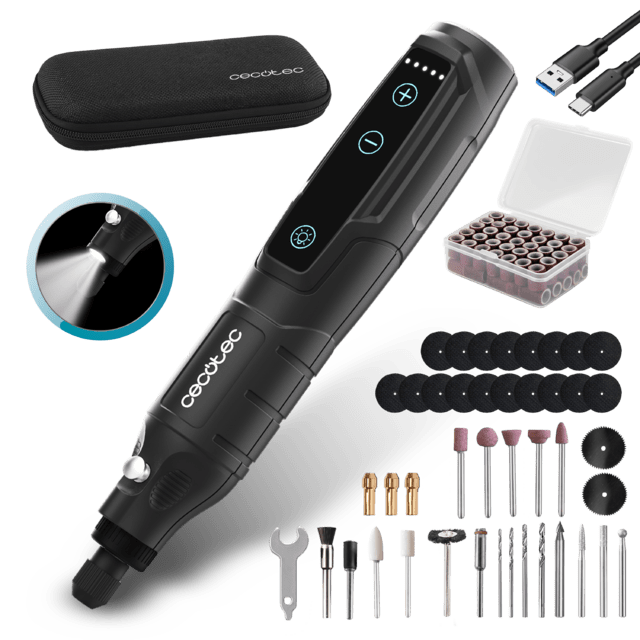 Multihand One Detail Mini outil multifonction avec batterie de 3,7 V. Vitesse réglable sur 5 niveaux. Lumière LED intégrée. Inclus : coffret et 74 accessoires.