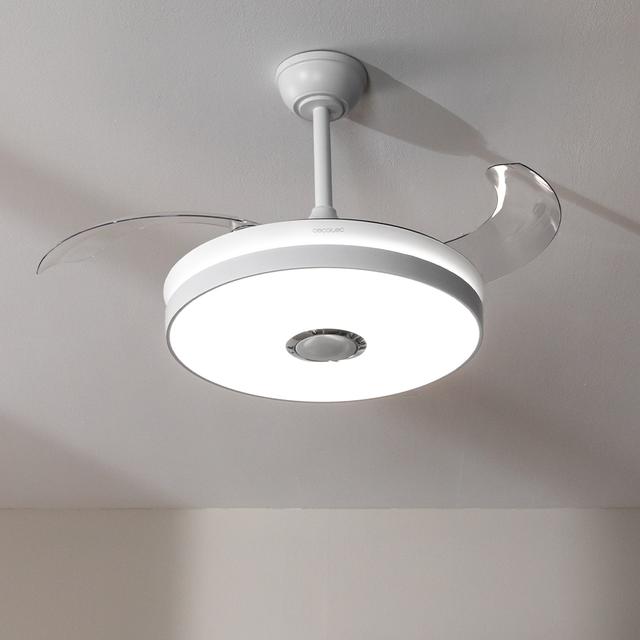 EnergySilence Aero 4360 Invisible Sound Ventilador de techo de 35W con 6 Velocidades, Aspas Retráctiles, Mando a Distancia, Temporizador, Luz LED y Altavoz Bluetooth