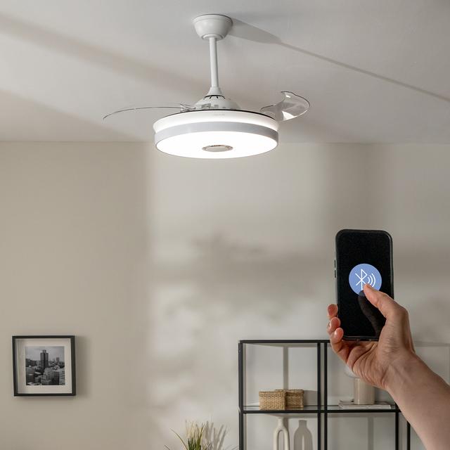 EnergySilence Aero 4360 Invisible Sound Ventilador de techo de 35W con 6 Velocidades, Aspas Retráctiles, Mando a Distancia, Temporizador, Luz LED y Altavoz Bluetooth