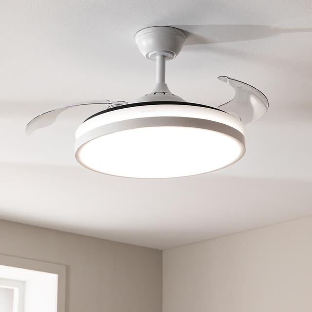 EnergySilence Aero 4300 Invisible White Ventilador de techo de 35W con 6 Velocidades, Aspas Retráctiles, Mando a Distancia y Luz LED con 3 Intensidades.