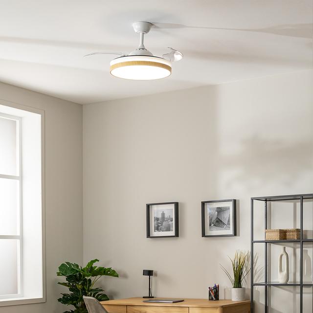EnergySilence Aero 4320 Invisible Wood&White Ventilador de techo de 35W con 6 Velocidades, Aspas Retráctiles, Mando a Distancia y Luz LED con 3 Intensidades