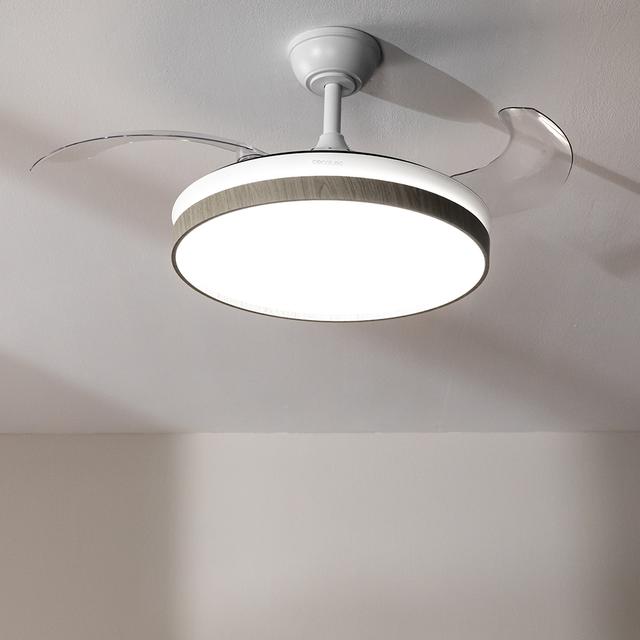 EnergySilence Aero 4320 Invisible Wood&White Ventilador de techo de 35W con 6 Velocidades, Aspas Retráctiles, Mando a Distancia y Luz LED con 3 Intensidades