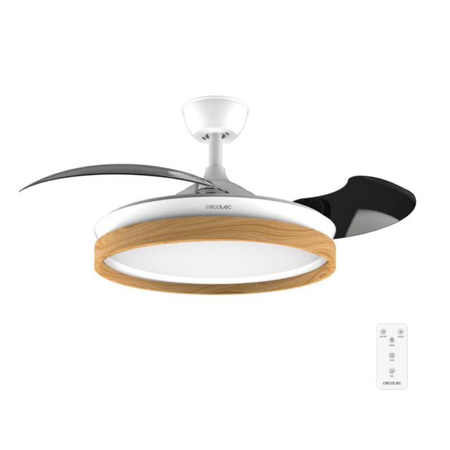 EnergySilence Aero 4320 Invisible Wood&White Ventilador de techo de 35W con 6 Velocidades, Aspas Retráctiles, Mando a Distancia y Luz LED con 3 Intensidades