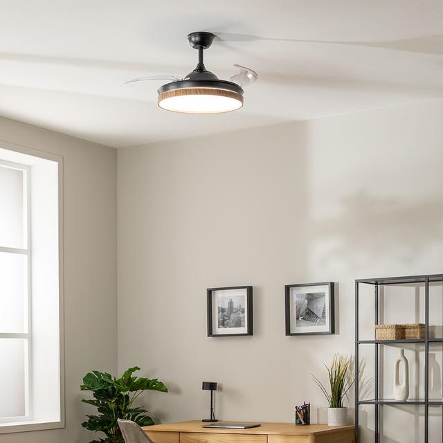 EnergySilence Aero 4320 Invisible Wood&Black Ventilador de techo de 35W con 6 Velocidades, Aspas Retráctiles, Mando a Distancia y Luz LED con 3 Intensidades