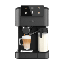 Power Espresso ColdBrew Latte Dark Halbautomatische Kaffeemaschine mit Coldbrew-System, Touchscreen-Display und Milchbehälter.