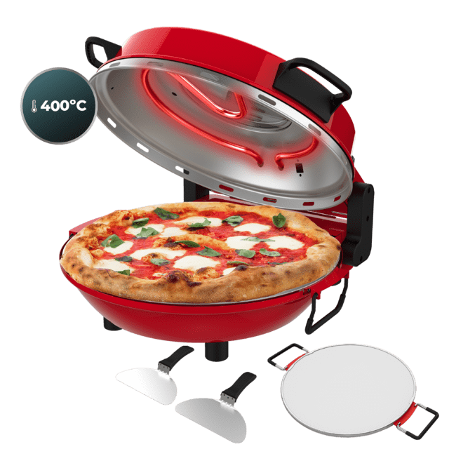 Fun Pizza&Co Mamma Mía Window Horno eléctrico para pizza de 1200 W con ventana, temporizador, temperatura ajustable y palas de acero.