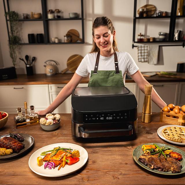 Pizza&Fry 7000 Horno eléctrico para pizza de 7L con pantalla táctil, programas versátiles, temperatura ajustable y piedra para pizza.