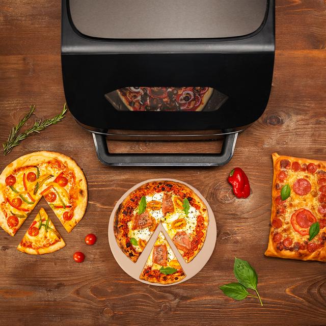 Pizza&Fry 7000 Horno eléctrico para pizza de 7L con pantalla táctil, programas versátiles, temperatura ajustable y piedra para pizza.