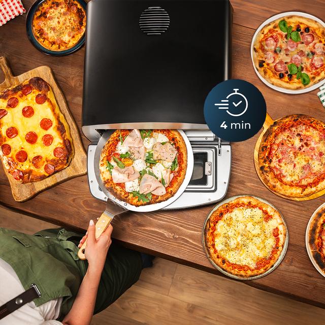 Pizza&Co 500 Max 13-Liter-Multifunktions-Pizzaofen mit digitaler Steuerung, großem Temperaturbereich, Räucherung und Zubehör.