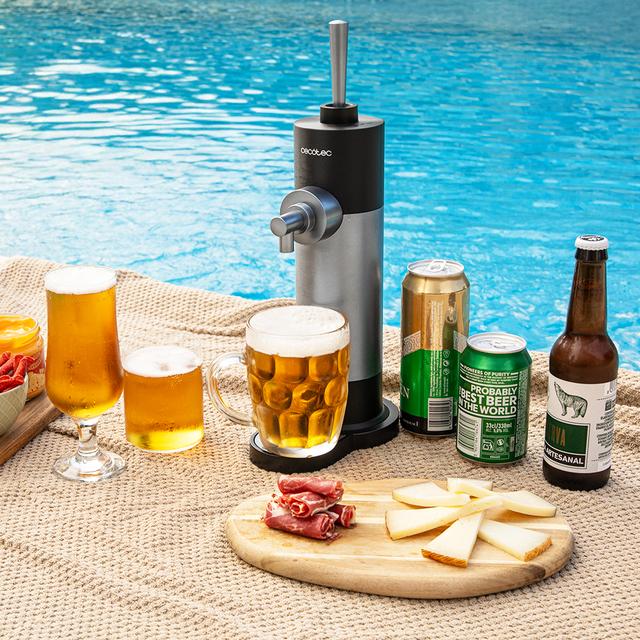 BeerFlow 500 Dispensador portátil para latas y botellas, con control de espuma, fácil de limpiar y almacenar.