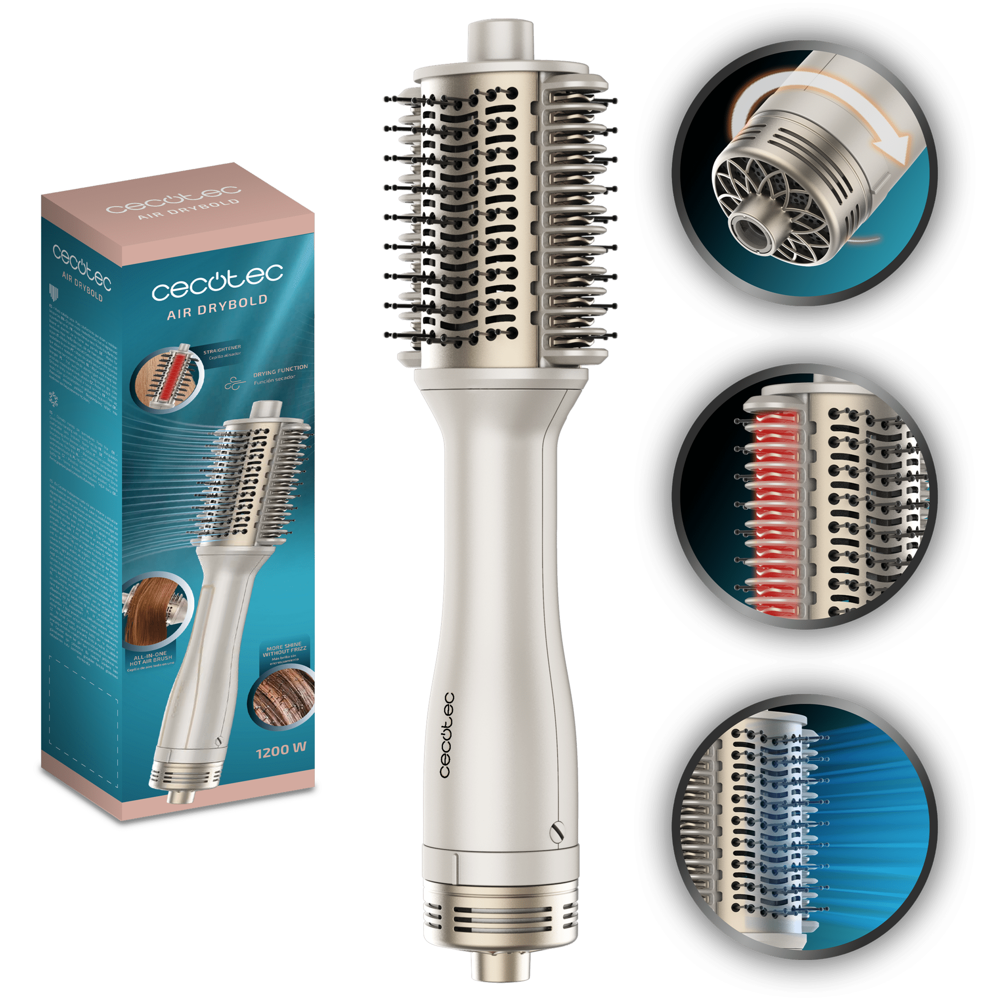 Air DryBold Spazzola ad aria con piastre riscaldanti, 1200W, asciuga, stira, mette in piega, volumizza e districa, generatore di ioni, temperature controllate per capelli umidi e asciutti, 3 modalità d'uso, punta fredda per una messa in piega confortevole