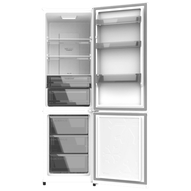 Bolero CoolMarket Combi 335 White E Frigorífico combi blanco de libre instalación, 195,3cm alto por 59,5cm ancho, Capacidad 335L, No Frost, Compresor Inverter Plus, Cajón temperatura variable Fresh Flex, Cajón con control de humedad,  Multi AirFlow, Fast Cooling y Fast Freezing, Luz Led, Apertura 90º,  Control electrónico, Puerta Reversible, Estantes de cristal y Clase E.