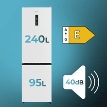 Bolero CoolMarket Combi 335 White E Frigorífico combi blanco de libre instalación, 195,3cm alto por 59,5cm ancho, Capacidad 335L, No Frost, Compresor Inverter Plus, Cajón temperatura variable Fresh Flex, Cajón con control de humedad,  Multi AirFlow, Fast Cooling y Fast Freezing, Luz Led, Apertura 90º,  Control electrónico, Puerta Reversible, Estantes de cristal y Clase E.