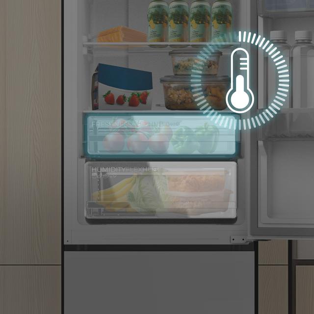 Bolero CoolMarket Combi 335 White E Frigorífico combi blanco de libre instalación, 195,3cm alto por 59,5cm ancho, Capacidad 335L, No Frost, Compresor Inverter Plus, Cajón temperatura variable Fresh Flex, Cajón con control de humedad,  Multi AirFlow, Fast Cooling y Fast Freezing, Luz Led, Apertura 90º,  Control electrónico, Puerta Reversible, Estantes de cristal y Clase E.