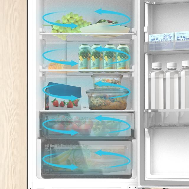 Bolero CoolMarket Combi 335 White E Frigorífico combi blanco de libre instalación, 195,3cm alto por 59,5cm ancho, Capacidad 335L, No Frost, Compresor Inverter Plus, Cajón temperatura variable Fresh Flex, Cajón con control de humedad,  Multi AirFlow, Fast Cooling y Fast Freezing, Luz Led, Apertura 90º,  Control electrónico, Puerta Reversible, Estantes de cristal y Clase E.