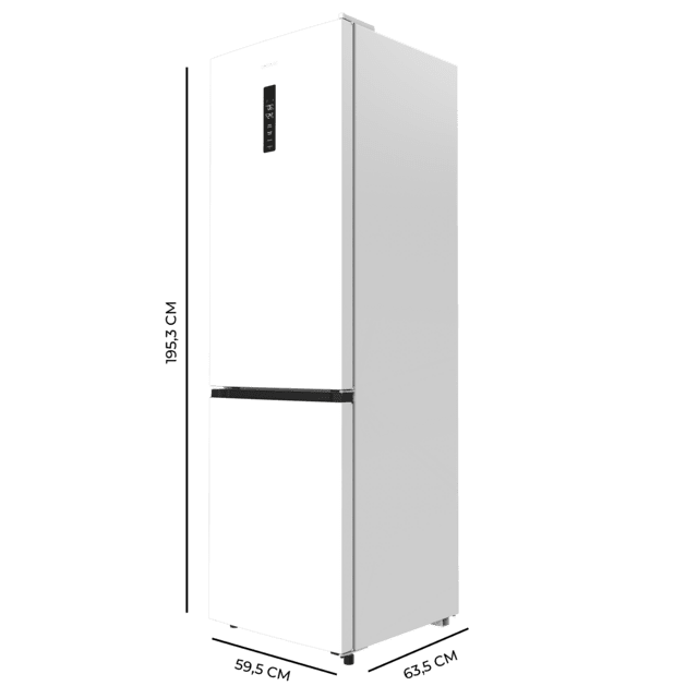 Bolero CoolMarket Combi 335 White E Frigorífico combi blanco de libre instalación, 195,3cm alto por 59,5cm ancho, Capacidad 335L, No Frost, Compresor Inverter Plus, Cajón temperatura variable Fresh Flex, Cajón con control de humedad,  Multi AirFlow, Fast Cooling y Fast Freezing, Luz Led, Apertura 90º,  Control electrónico, Puerta Reversible, Estantes de cristal y Clase E.