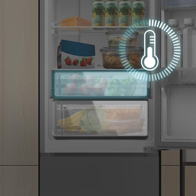 Bolero CoolMarket Combi 335 Grey E Frigorífico combi gris de libre instalación, 195,3cm alto por 59,5cm ancho, Capacidad 335L, No Frost, Compresor Inverter Plus, Cajón temperatura variable Fresh Flex, Cajón con control de humedad,  Multi AirFlow, Fast Cooling y Fast Freezing, Luz Led, Apertura 90º,  Control electrónico, Puerta Reversible, Estantes de cristal y Clase E.