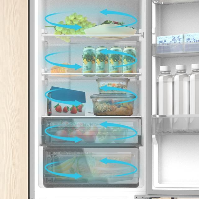 Bolero CoolMarket Combi 335 Grey E Frigorífico combi gris de libre instalación, 195,3cm alto por 59,5cm ancho, Capacidad 335L, No Frost, Compresor Inverter Plus, Cajón temperatura variable Fresh Flex, Cajón con control de humedad,  Multi AirFlow, Fast Cooling y Fast Freezing, Luz Led, Apertura 90º,  Control electrónico, Puerta Reversible, Estantes de cristal y Clase E.