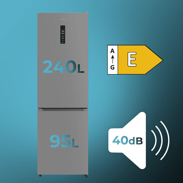 Bolero CoolMarket Combi 335 Grey E Frigorífico combi gris de libre instalación, 195,3cm alto por 59,5cm ancho, Capacidad 335L, No Frost, Compresor Inverter Plus, Cajón temperatura variable Fresh Flex, Cajón con control de humedad,  Multi AirFlow, Fast Cooling y Fast Freezing, Luz Led, Apertura 90º,  Control electrónico, Puerta Reversible, Estantes de cristal y Clase E.