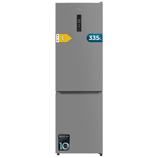 Bolero CoolMarket Combi 335 Grey E Frigorífico combi gris de libre instalación, 195,3cm alto por 59,5cm ancho, Capacidad 335L, No Frost, Compresor Inverter Plus, Cajón temperatura variable Fresh Flex, Cajón con control de humedad,  Multi AirFlow, Fast Cooling y Fast Freezing, Luz Led, Apertura 90º,  Control electrónico, Puerta Reversible, Estantes de cristal y Clase E.