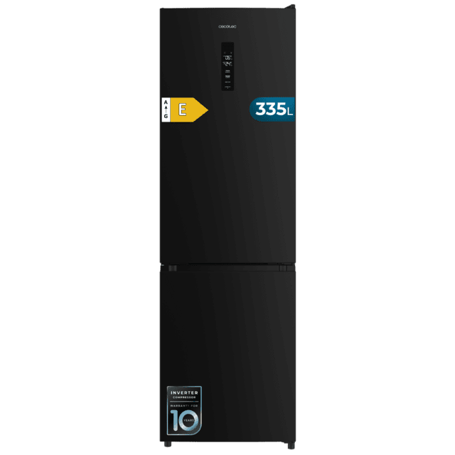 Bolero CoolMarket Combi 335 Black E Frigorífico combi negro de libre instalación, 195,3cm alto por 59,5cm ancho, Capacidad 335L, No Frost, Compresor Inverter Plus, Cajón temperatura variable Fresh Flex, Cajón con control de humedad,  Multi AirFlow, Fast Cooling y Fast Freezing, Luz Led, Apertura 90º,  Control electrónico, Puerta Reversible, Estantes de cristal y Clase E.