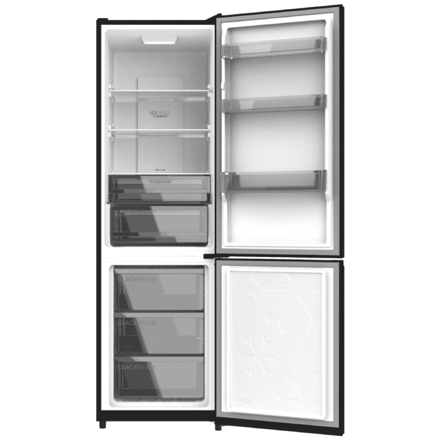 Bolero CoolMarket Combi 335 Black E Frigorífico combi negro de libre instalación, 195,3cm alto por 59,5cm ancho, Capacidad 335L, No Frost, Compresor Inverter Plus, Cajón temperatura variable Fresh Flex, Cajón con control de humedad,  Multi AirFlow, Fast Cooling y Fast Freezing, Luz Led, Apertura 90º,  Control electrónico, Puerta Reversible, Estantes de cristal y Clase E.