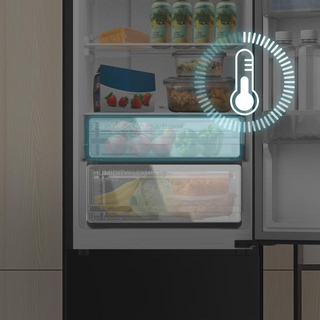 Bolero CoolMarket Combi 335 Black E Frigorífico combi negro de libre instalación, 195,3cm alto por 59,5cm ancho, Capacidad 335L, No Frost, Compresor Inverter Plus, Cajón temperatura variable Fresh Flex, Cajón con control de humedad,  Multi AirFlow, Fast Cooling y Fast Freezing, Luz Led, Apertura 90º,  Control electrónico, Puerta Reversible, Estantes de cristal y Clase E.
