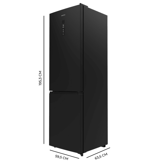 Bolero CoolMarket Combi 335 Black E Frigorífico combi negro de libre instalación, 195,3cm alto por 59,5cm ancho, Capacidad 335L, No Frost, Compresor Inverter Plus, Cajón temperatura variable Fresh Flex, Cajón con control de humedad,  Multi AirFlow, Fast Cooling y Fast Freezing, Luz Led, Apertura 90º,  Control electrónico, Puerta Reversible, Estantes de cristal y Clase E.