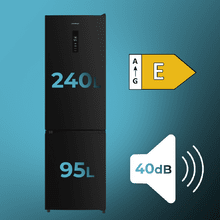 Bolero CoolMarket Combi 335 Black E Frigorífico combi negro de libre instalación, 195,3cm alto por 59,5cm ancho, Capacidad 335L, No Frost, Compresor Inverter Plus, Cajón temperatura variable Fresh Flex, Cajón con control de humedad,  Multi AirFlow, Fast Cooling y Fast Freezing, Luz Led, Apertura 90º,  Control electrónico, Puerta Reversible, Estantes de cristal y Clase E.