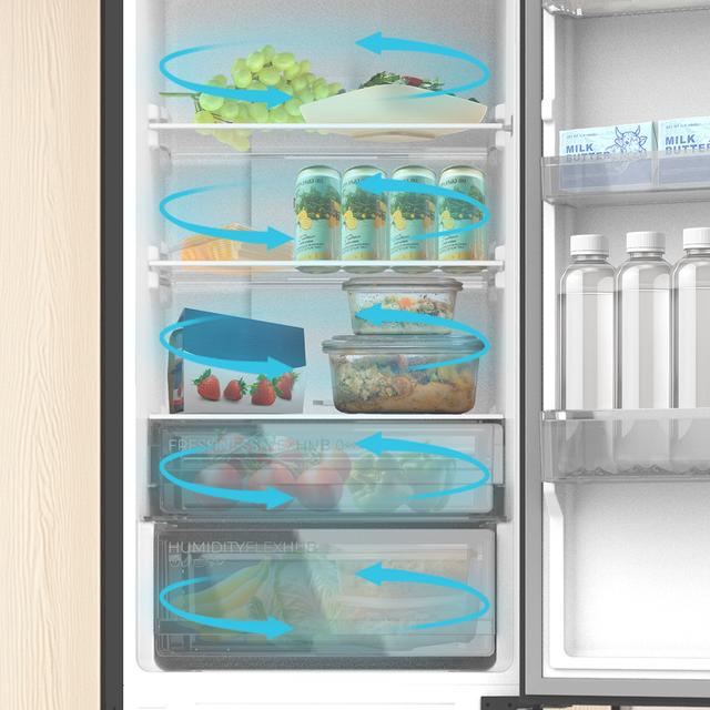Bolero CoolMarket Combi 335 Black E Frigorífico combi negro de libre instalación, 195,3cm alto por 59,5cm ancho, Capacidad 335L, No Frost, Compresor Inverter Plus, Cajón temperatura variable Fresh Flex, Cajón con control de humedad,  Multi AirFlow, Fast Cooling y Fast Freezing, Luz Led, Apertura 90º,  Control electrónico, Puerta Reversible, Estantes de cristal y Clase E.