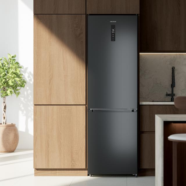 Bolero CoolMarket Combi 335 Black E Réfrigérateur-congélateur noir pose libre, 195,3 cm de hauteur, 59,5 cm de largeur, capacité de 335 L, No Frost, compresseur Inverter Plus, compartiment Fresh Flex 0 ºC avec contrôle de l'humidité, Multi AirFlow, Fast Cooling et Fast Freezing, bac à fruits et légumes, lumière LED, contrôle électronique, clayettes en verre et classe E.