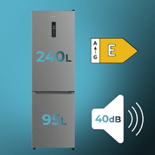 Bolero CoolMarket Combi 335 Inox E Frigorífico combi inox de libre instalación, 195,3cm alto por 59,5cm ancho, Capacidad 333L, No Frost, Compresor Inverter Plus, Cajón temperatura variable Fresh Flex, Cajón con control de humedad,  Multi AirFlow, Fast Cooling y Fast Freezing, Luz Led, Apertura 90º,  Control electrónico, Puerta Reversible, Estantes de cristal y Clase E.