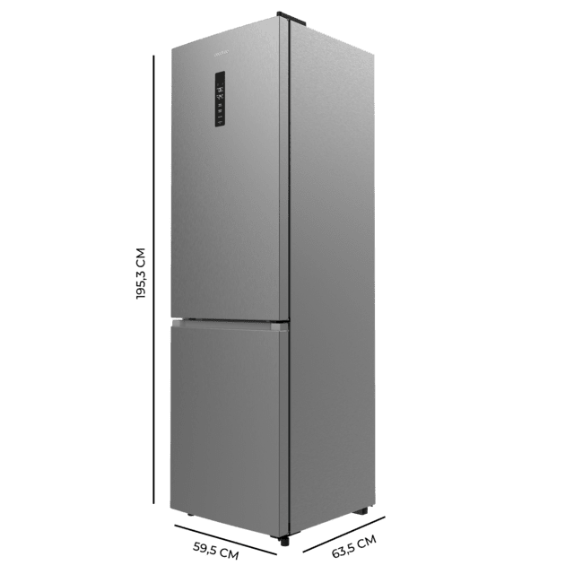 Bolero CoolMarket Combi 335 Inox E Frigorífico combi inox de libre instalación, 195,3cm alto por 59,5cm ancho, Capacidad 333L, No Frost, Compresor Inverter Plus, Cajón temperatura variable Fresh Flex, Cajón con control de humedad,  Multi AirFlow, Fast Cooling y Fast Freezing, Luz Led, Apertura 90º,  Control electrónico, Puerta Reversible, Estantes de cristal y Clase E.