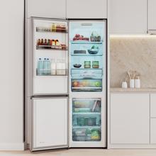 Bolero CoolMarket Combi 335 Inox E Réfrigérateur-congélateur inox pose libre, 195,3 cm de hauteur, 59,5 cm de largeur, capacité de 335 L, No Frost, compresseur Inverter Plus, compartiment Fresh Flex 0 ºC avec contrôle de l'humidité, Multi AirFlow, Fast Cooling et Fast Freezing, bac à fruits et légumes, lumière LED, contrôle électronique, porte réversible, clayettes en verre et classe E.