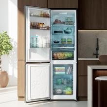 Bolero CoolMarket Combi 335 Dark E Réfrigérateur-congélateur inox foncé pose libre, 195,3 cm de hauteur, 59,5 cm de largeur, capacité de 335 L, No Frost, compresseur Inverter Plus, compartiment Fresh Flex 0 ºC avec contrôle de l'humidité, Multi AirFlow, Fast Cooling et Fast Freezing, bac à fruits et légumes, lumière LED, contrôle électronique, porte réversible, clayettes en verre et classe E.