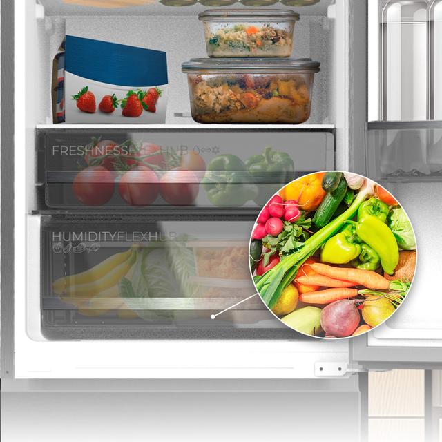 Bolero CoolMarket Combi 335 Dark E Frigorífico combi inox oscuro de libre instalación, 195,3cm alto por 59,5cm ancho, Capacidad 333L, No Frost, Compresor Inverter Plus, Cajón temperatura variable Fresh Flex, Cajón con control de humedad,  Multi AirFlow, Fast Cooling y Fast Freezing, Luz Led, Apertura 90º,  Control electrónico, Puerta Reversible, Estantes de cristal y Clase E.
