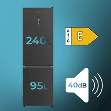 Bolero CoolMarket Combi 335 Dark E Frigorífico combi inox oscuro de libre instalación, 195,3cm alto por 59,5cm ancho, Capacidad 333L, No Frost, Compresor Inverter Plus, Cajón temperatura variable Fresh Flex, Cajón con control de humedad,  Multi AirFlow, Fast Cooling y Fast Freezing, Luz Led, Apertura 90º,  Control electrónico, Puerta Reversible, Estantes de cristal y Clase E.