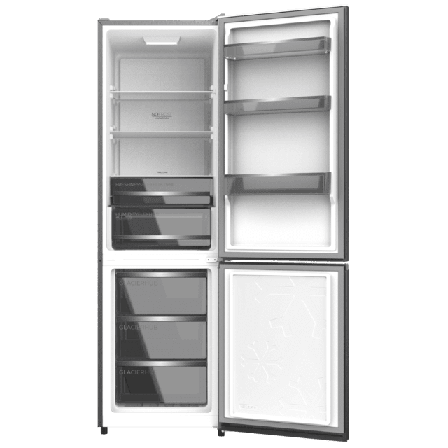 Bolero CoolMarket Combi 335 Dark E Frigorífico combi inox oscuro de libre instalación, 195,3cm alto por 59,5cm ancho, Capacidad 333L, No Frost, Compresor Inverter Plus, Cajón temperatura variable Fresh Flex, Cajón con control de humedad,  Multi AirFlow, Fast Cooling y Fast Freezing, Luz Led, Apertura 90º,  Control electrónico, Puerta Reversible, Estantes de cristal y Clase E.