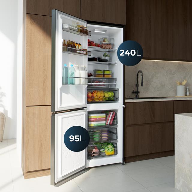 Bolero CoolMarket Combi 335 Dark E Réfrigérateur-congélateur inox foncé pose libre, 195,3 cm de hauteur, 59,5 cm de largeur, capacité de 335 L, No Frost, compresseur Inverter Plus, compartiment Fresh Flex 0 ºC avec contrôle de l'humidité, Multi AirFlow, Fast Cooling et Fast Freezing, bac à fruits et légumes, lumière LED, contrôle électronique, porte réversible, clayettes en verre et classe E.