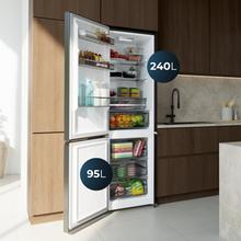 Bolero CoolMarket Combi 335 Dark E Réfrigérateur-congélateur inox foncé pose libre, 195,3 cm de hauteur, 59,5 cm de largeur, capacité de 335 L, No Frost, compresseur Inverter Plus, compartiment Fresh Flex 0 ºC avec contrôle de l'humidité, Multi AirFlow, Fast Cooling et Fast Freezing, bac à fruits et légumes, lumière LED, contrôle électronique, porte réversible, clayettes en verre et classe E.