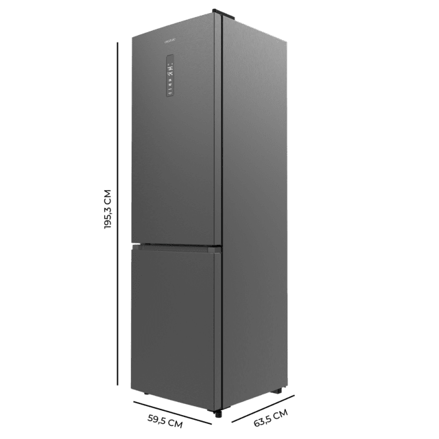 Bolero CoolMarket Combi 335 Dark E Frigorífico combi inox oscuro de libre instalación, 195,3cm alto por 59,5cm ancho, Capacidad 333L, No Frost, Compresor Inverter Plus, Cajón temperatura variable Fresh Flex, Cajón con control de humedad,  Multi AirFlow, Fast Cooling y Fast Freezing, Luz Led, Apertura 90º,  Control electrónico, Puerta Reversible, Estantes de cristal y Clase E.