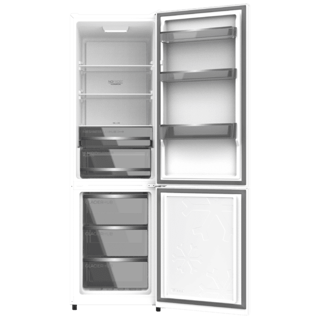 Bolero CoolMarket Combi 335 White Glass E Frigorífico combi cristal blanco de libre instalación, 195,3cm alto por 59,5cm ancho, Capacidad 333L, No Frost, Compresor Inverter Plus, Cajón temperatura variable Fresh Flex, Cajón con control de humedad,  Multi AirFlow, Fast Cooling y Fast Freezing, Luz Led, Apertura 90º,  Control electrónico, Puerta Reversible, Estantes de cristal y Clase E.