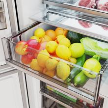Bolero CoolMarket Combi 335 White Glass E Réfrigérateur-congélateur en verre blanc pose libre, 195,3 cm de hauteur, 59,5 cm de largeur, capacité de 335 L, No Frost, compresseur Inverter Plus, compartiment Fresh Flex 0 ºC avec contrôle de l'humidité, Multi AirFlow, Fast Cooling et Fast Freezing, bac à fruits et légumes, lumière LED, contrôle électronique, porte réversible, clayettes en verre et classe E.